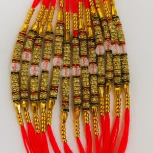 Elegant Golden Beaded Rakhi Set with Red Threads