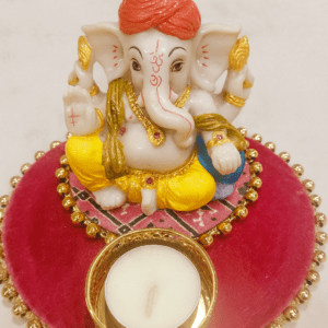 MDF based Lord Ganesha Idol on a Decorative Plate with a Tea Light Holder