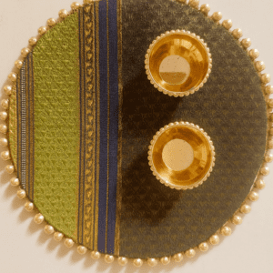 Anveera Traditional Khan Fabric Puja Thali | Elegant Decorative Pooja Plate with Golden Katoris | Festival Essential | Traditional Wooden Khan haldi kumkum plater