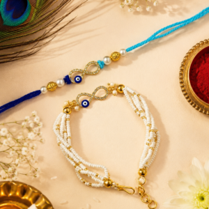 Premium Evil Eye Bhaiya Bhabhi Rakhi Set | Infinity Designer Rakhi with Pearl Lumba | Handmade Raksha Bandhan Gift