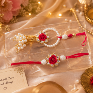Premium Rose Bhaiya Bhabhi Rakhi Set | Designer Floral Rakhi with Pearl Lumba | Handmade Raksha Bandhan Gift