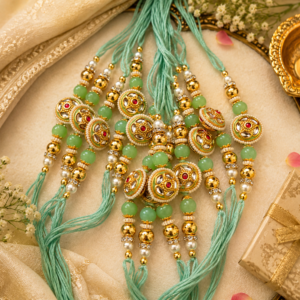 Premium Kundan Designer Rakhi | Handmade Pearl & Green Bead Rakhi for Brother | Traditional Raksha Bandhan Rakhi