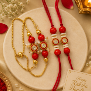 Premium Red Bead Bhaiya Bhabhi Rakhi Set | Designer Crystal Rakhi with Bracelet Lumba | Handmade Raksha Bandhan Gift