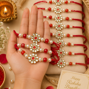 Premium Floral Kundan Rakhi with Pearl & Red Beads | Handmade Designer Rakhi for Brother | Raksha Bandhan Special