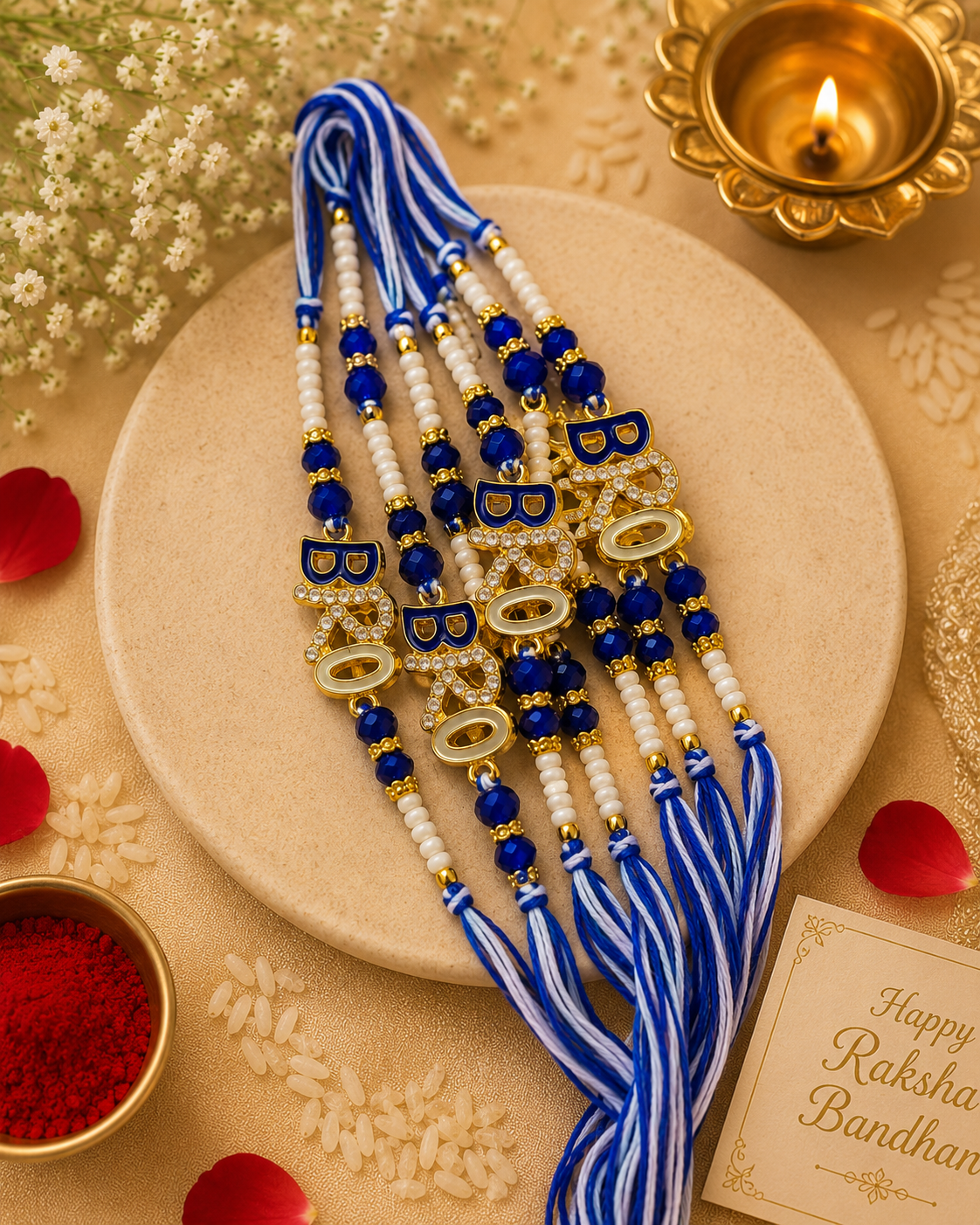 BRO Crystal Beaded Rakhi – Premium Blue & White Designer Rakhi for Brother