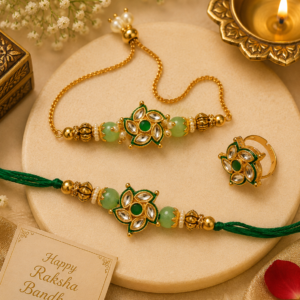 Premium Green Kundan Rakhi Gift Set with Adjustable Bracelet & Matching Ring | Designer Rakhi for Brother | Raksha Bandhan Special