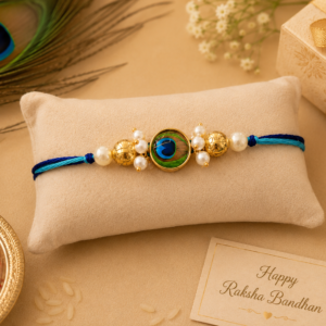 Premium Peacock Feather Designer Rakhi | Handmade Pearl Rakhi for Brother | Krishna Inspired Raksha Bandhan Rakhi