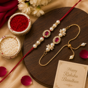Premium Pearl & Ruby Stone Designer Rakhi with Golden Chain Lumba Set | Bhaiya Bhabhi Rakhi | Handmade Rakshabandhan Gift