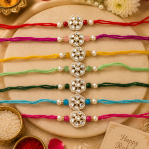 Premium Round Kundan Designer Rakhi with Colorful Silk Thread | Handmade Rakhi for Brother | Raksha Bandhan Special (Multiple Color Options)